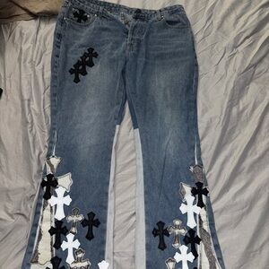 Chrome Hearts Blue Bootcut Jeans with Cross Accents
